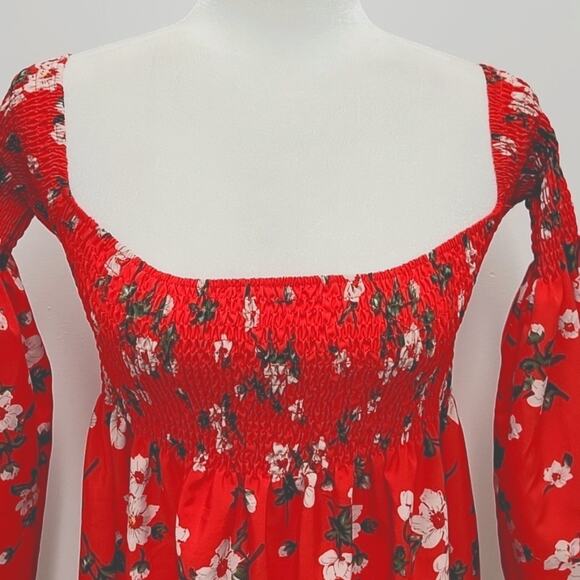 Red Floral Off the Shoulder Mini Dress Belled Sleeves Elastic Top  Size L - Picture 2 of 10